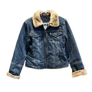 Jean jacket quilted lining faux fur trim Size S